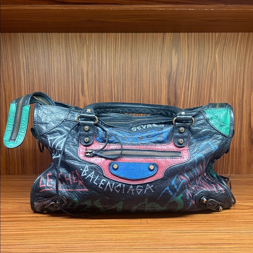 Balenciaga Black and Pink Graffiti Shoulder Bag